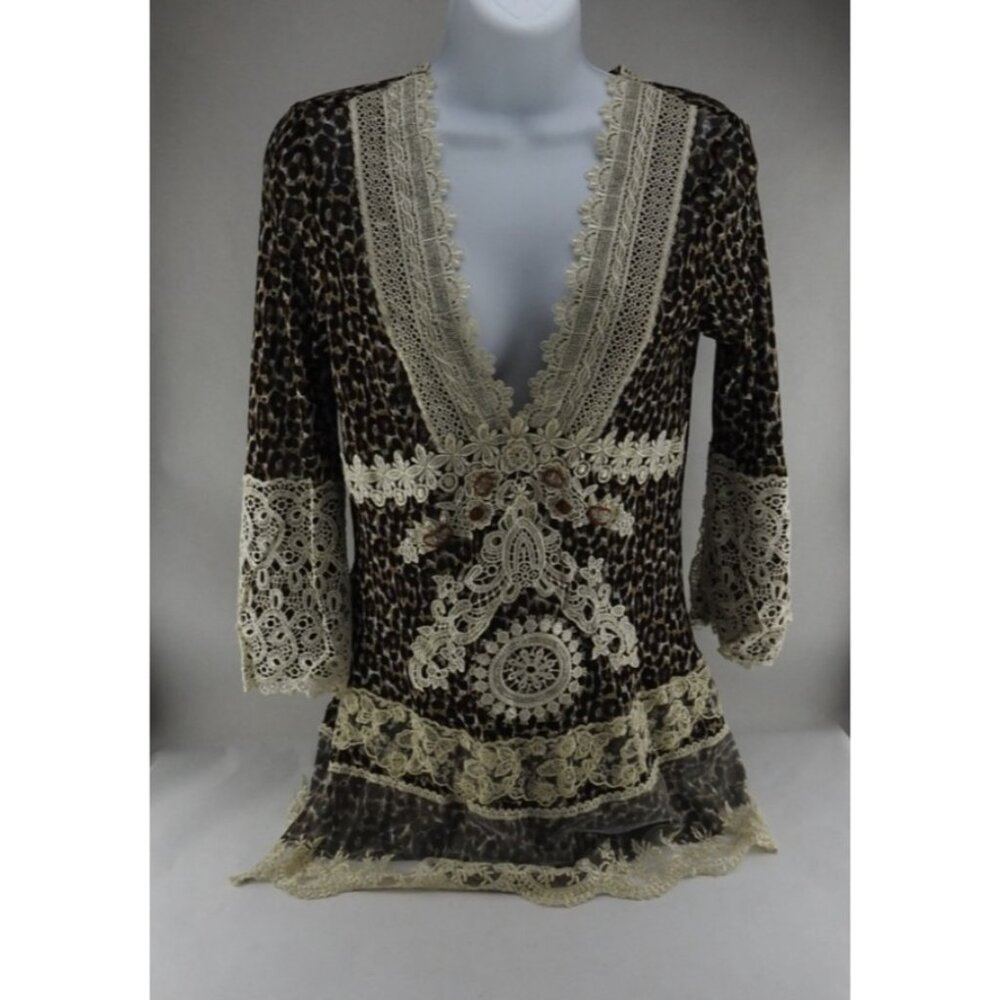 Vintage Passion Concept Leopard Lace Boho Tunic Top Womens Sz M Y2K - Picture 2 of 12